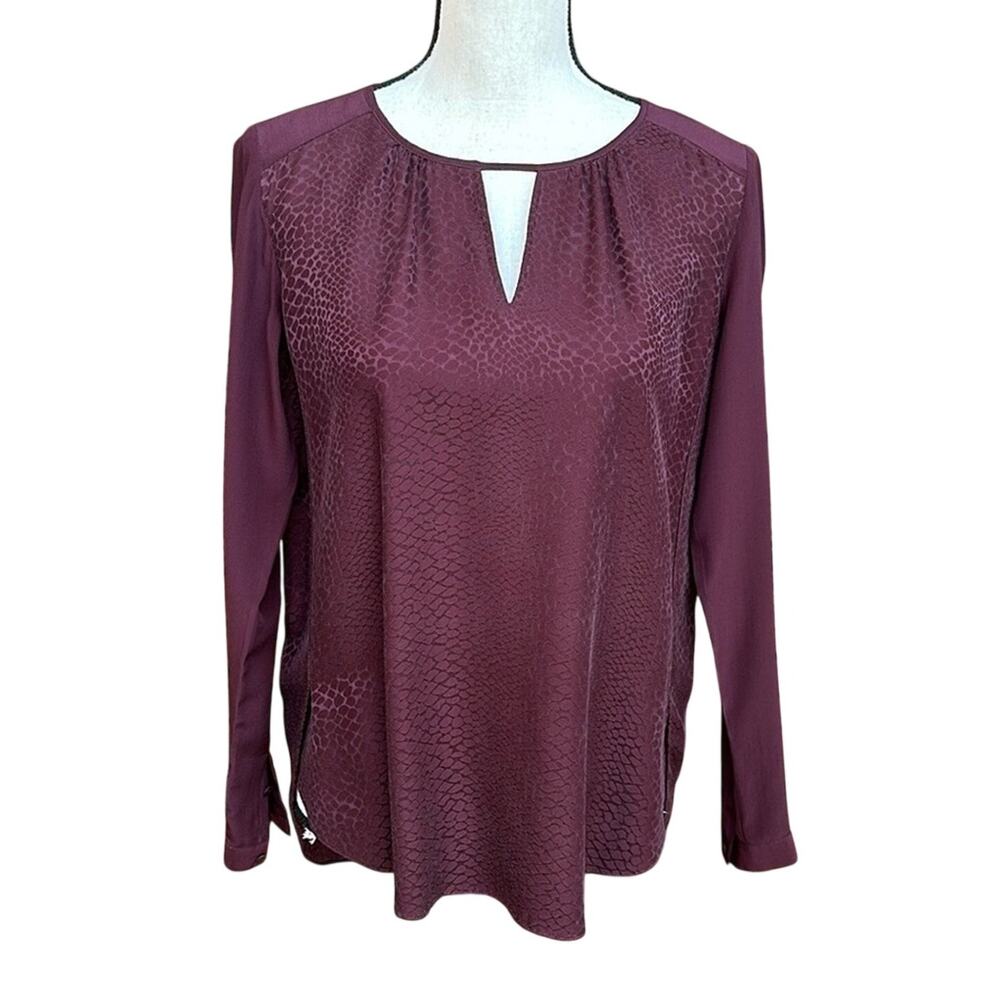 Rebecca Taylor Maroon Silk Blend Blouse 4 Long Sleeve Boho Keyhole Texture Top
